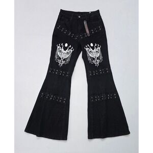 Romwe Womens Goth Moth Graphic Flare Jeans Lace Up Black Stretch Size L 8/10 NWT